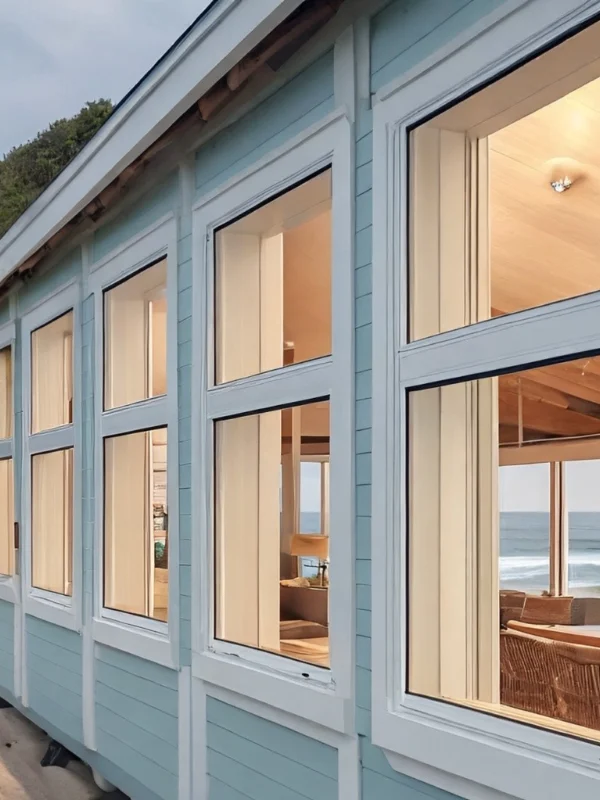 Interior view of light blue grid windows with white trim