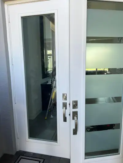 White entry door with new glass panel and frosted sidelight, door glass replacement in Boca Raton